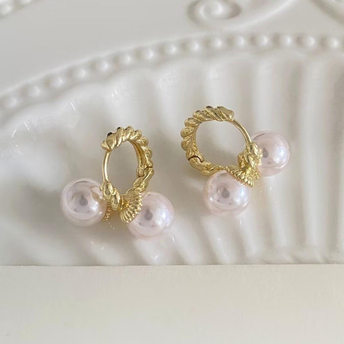 French Manta Rose Pearl Twisted Cable Retro Earrings for Women