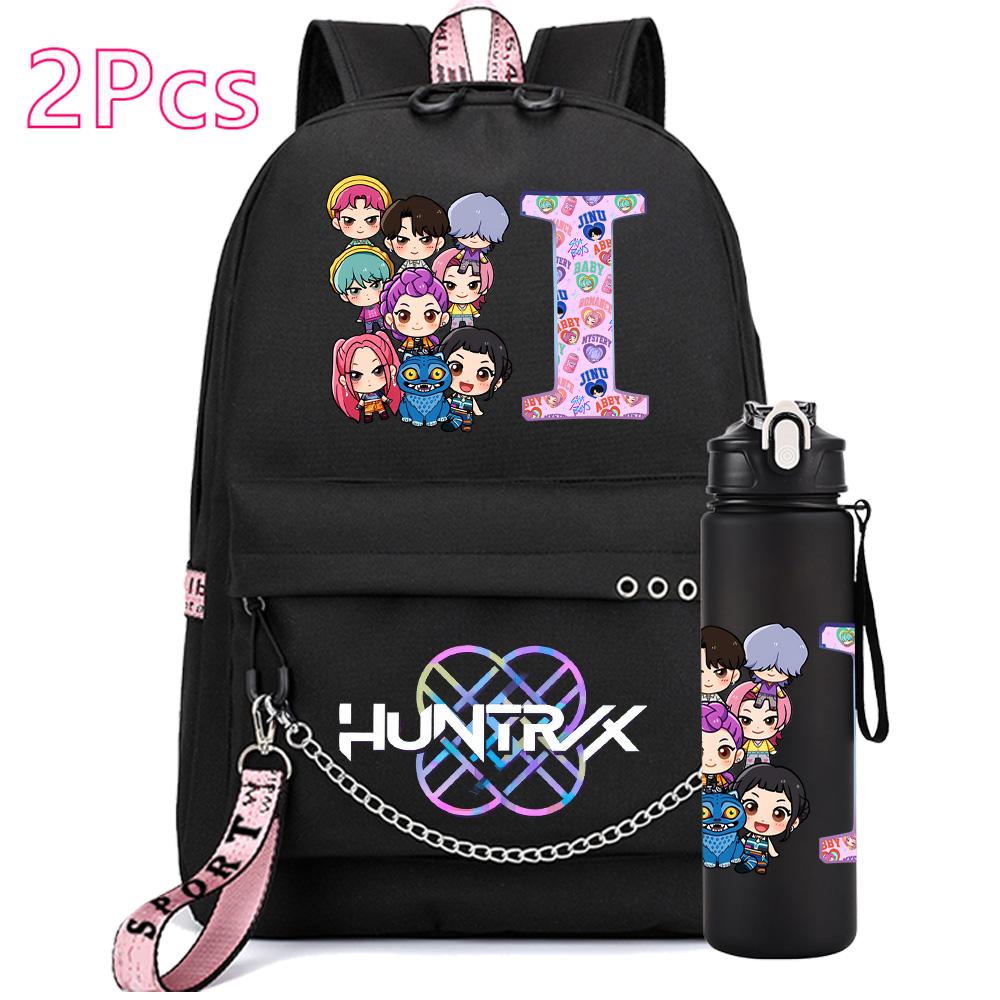 2Pcs/set 26 English Letter K-pop Printed Backpack with 750Ml Water Bottler for Teenager Girl Boy Bookbag Kid Gift Large Capacity Waterproof Travel Bag