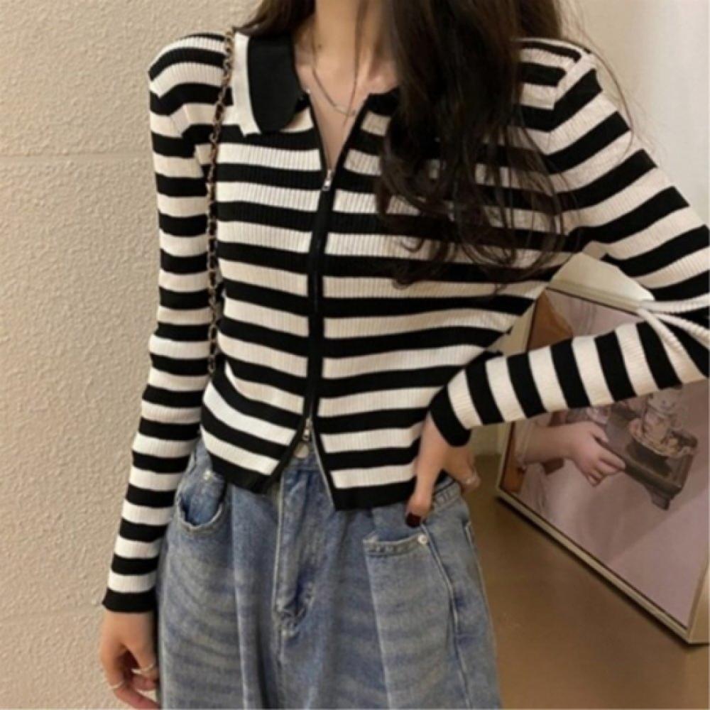 New ArrivalS Open Run Women S Stripe Two Way Zip Up Collar Neck Knit Long Sleeve