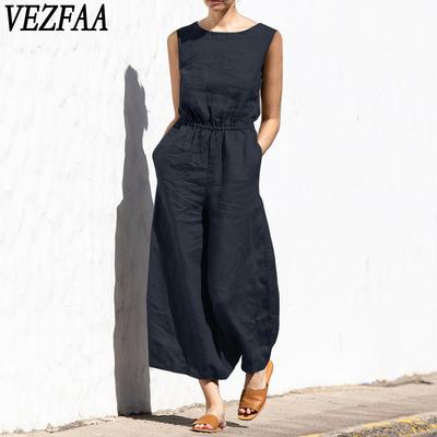 Women's Fashion Casual Summer Spring Solid Color Print Sleeveless O-Neck High Waist Trousers Jumpsuits & Rompers