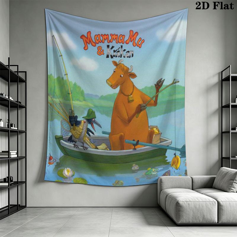 Mamma Mu & Kråkan Cartoon Tapestry, Cow and Crow Fishing Lake Print Wall Hanging, Wall Art Decor for Kids Bedroom