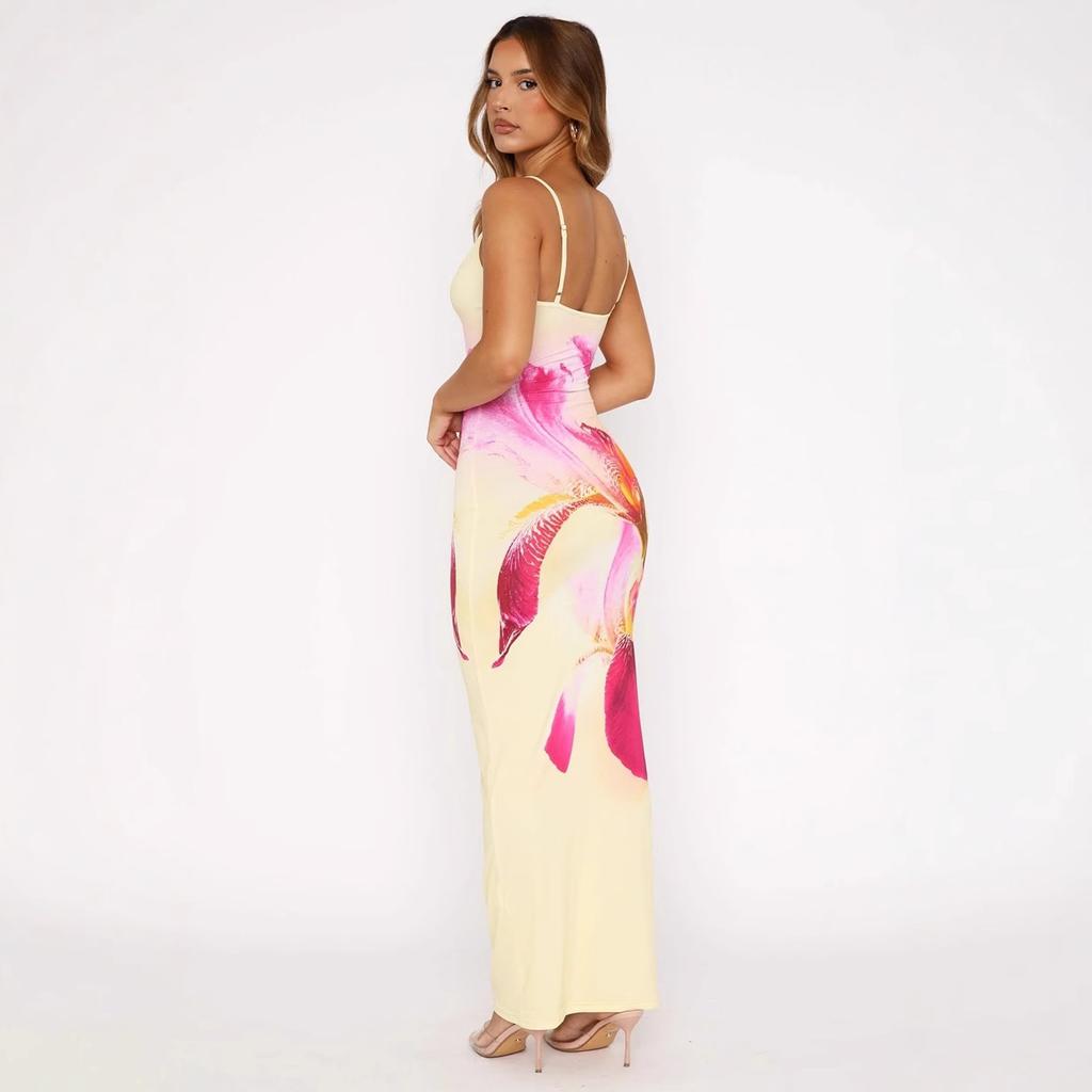Women Clothing, New Sexy Suspender Printed Waist-hugging and Slimming Hip-packing Dress, Long-cut Skirt, Vacation