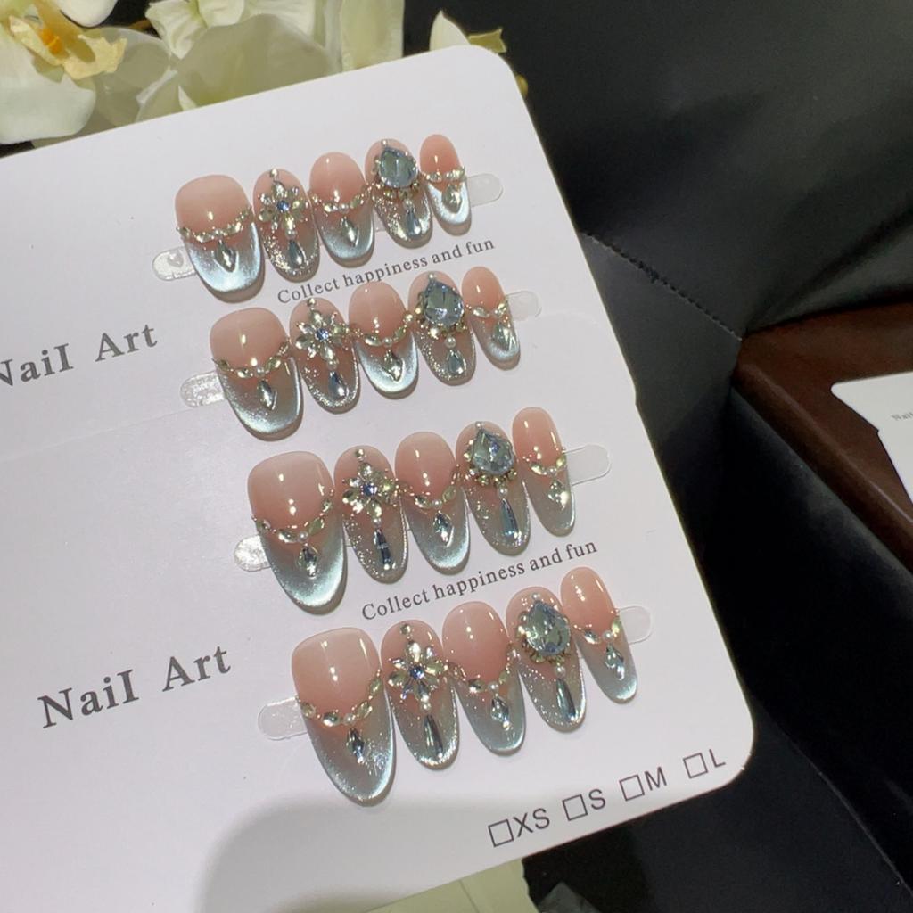 10pcs High End Cat Eye Full Rhinestone Handmade French Tip Short Coffin Fake Nails