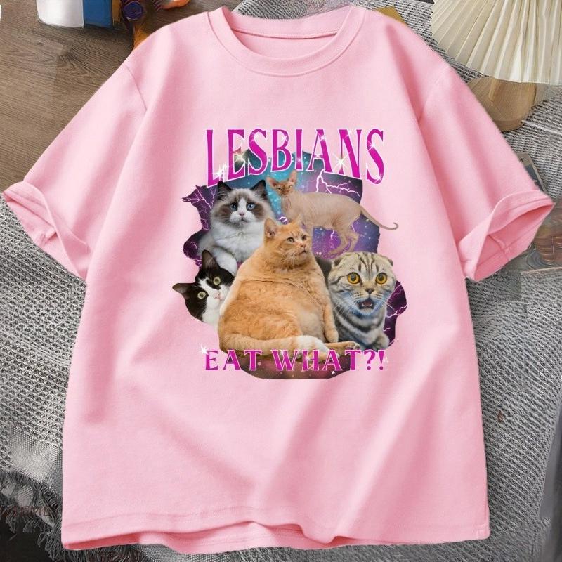 Lesben Pride T-Shirt Gay LGBTQ T-Shirt Lustige Katze Lesben Essen Was T-Shirt Casaul Baumwolle Kurzarm Rundhals T-Shirts Kleidung