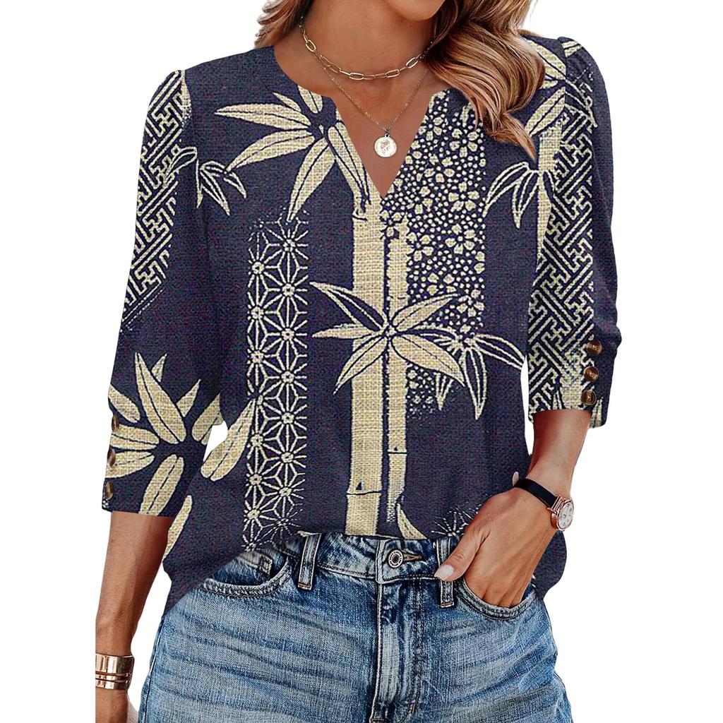 Women's Fashion Casual V Neck Loose Fit Three Quarter Sleeve Top Floral Print Lightweight Blouse Button Detail