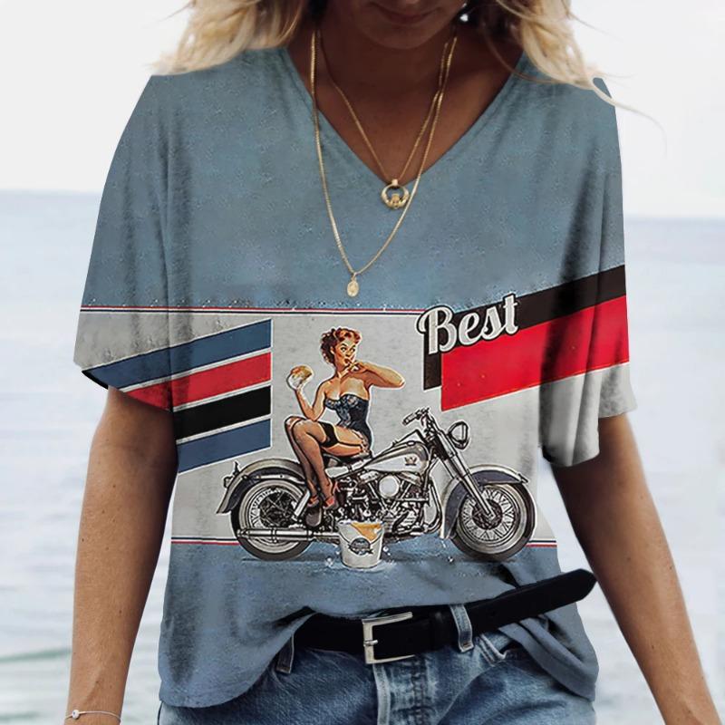 Print Women's V-Neck T-shirts Casual Lady Short Sleeve Oversized Pullover Fashion Tops Women Clothes