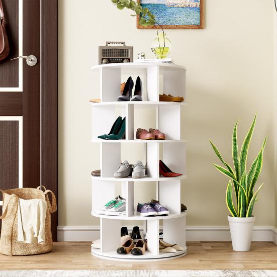 Shoe Rack Rotatable Angle White Finish Round 5 Tiers Stable Base Large Capacity Wooden Shoes Storage Stand Home