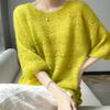Women's Cashmere Round Neck Crochet Knit Sweater - Loose, Short-Sleeve, Hollow Design.