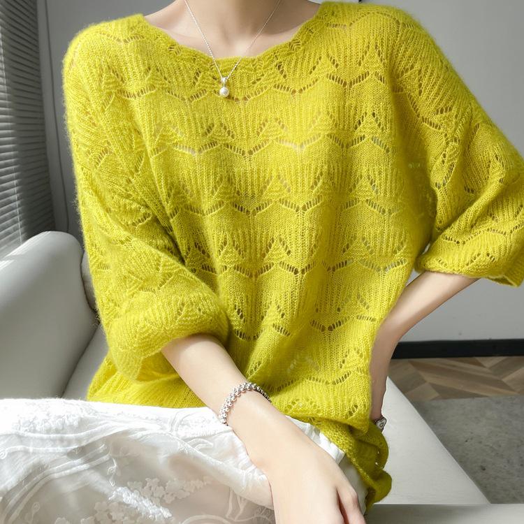 Women's Cashmere Round Neck Crochet Knit Sweater - Loose, Short-Sleeve, Hollow Design.