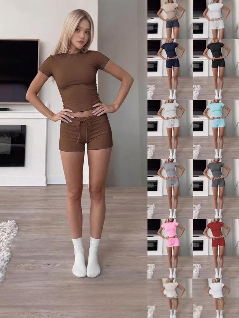 European & American Women's Slim Fit Short-Sleeve Round Neck T-Shirt Casual Set for Hot Girls