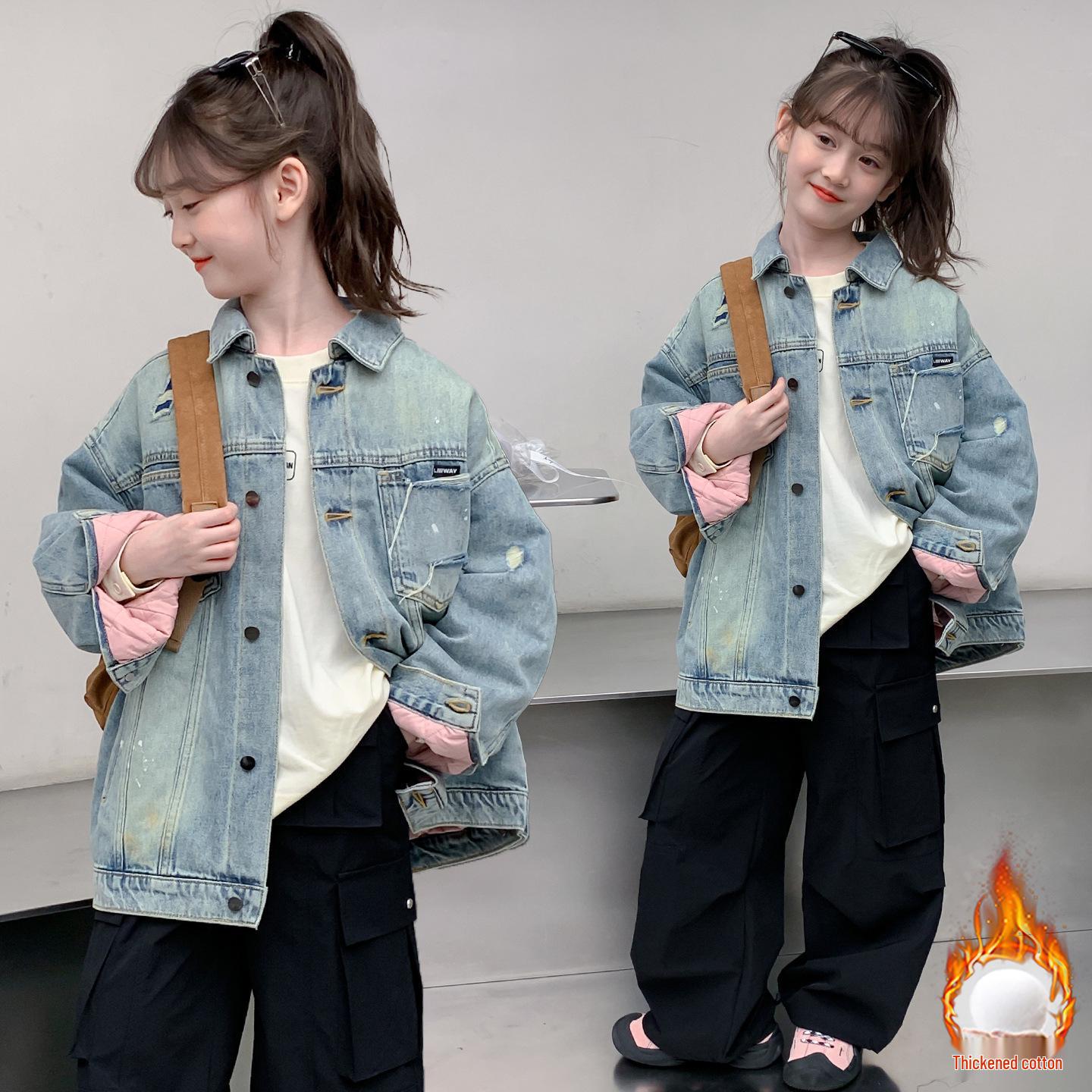 

Девочки 2025 Утолщенная джинсовая куртка - Модный осенне-зимний хлопковый топ для детей 120 cm джинсовый синий
