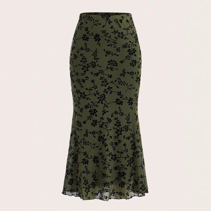2025 Autumn Dark Green Floral Half-body Fishtail Skirt for Europe America Casual Versatile Outline Graceful Posture
