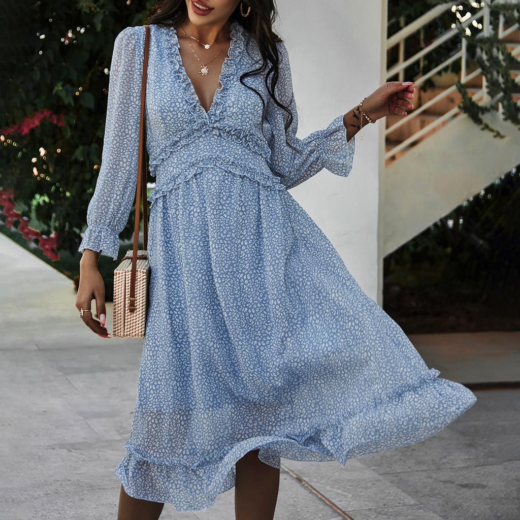Damemote Langermet V-hals skjørt Plissert Kne-lengde Print Dress