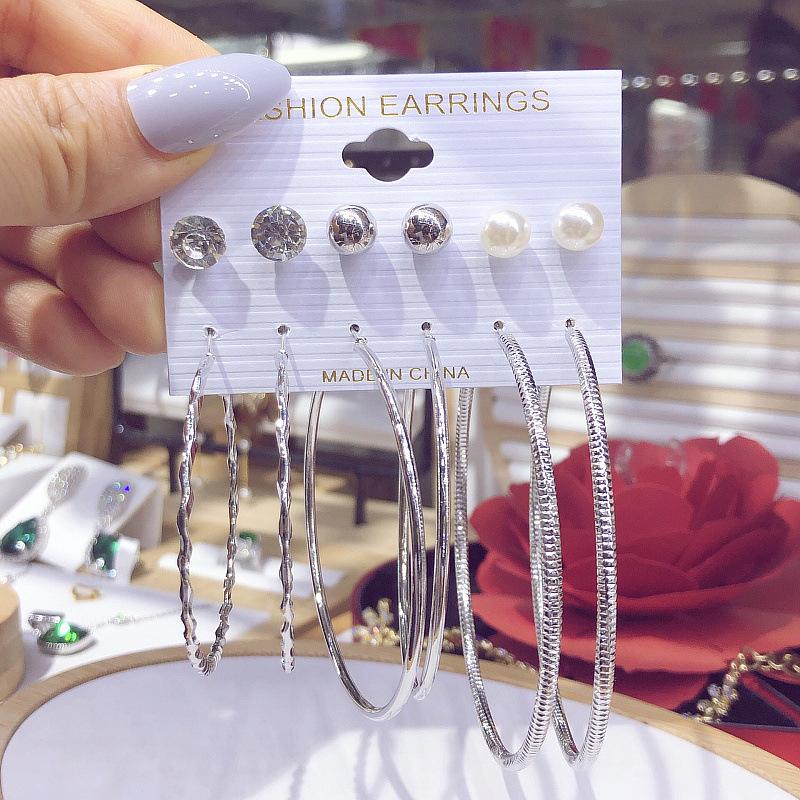 6 Pair Fashionable Alloy Circle Earrings Women'S Stud Earrings Attractive Multi-Element Jewelry Set Elegant Ear Jewelry