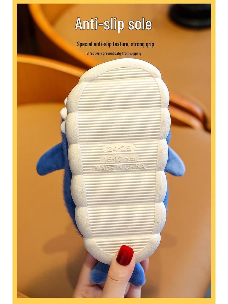 Kids' Cute Cartoon Shark Slippers - Cozy Cotton for Boys & Girls, Thick-Soled for Autumn & Winter Indoor Comfort