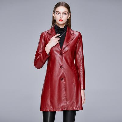 Jesenné a zimné nové veľké kožené oblečenie Dámske polo s krkom Stredná dĺžka kožená bunda Dámske slim Fit kožený vonkajší obal Móda