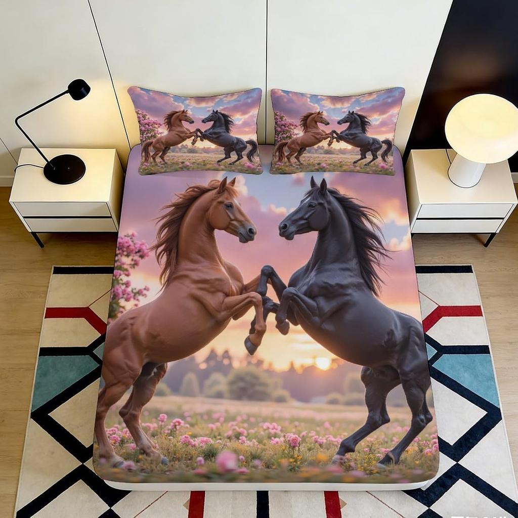 Horse Pattern Fitted Sheet, Microfiber Bed Cover,non-slip,mattress Protection,easy Care,all Season, Breathable, Machine Washable