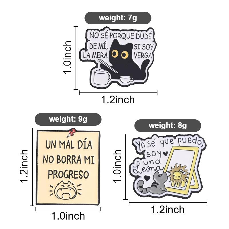 Latin Motivational Slogan Enamel Pins Black Cat Mirror Lion Brooches Cartoon Lapel Badges Spanish Self Love Quotes Jewelry Gift