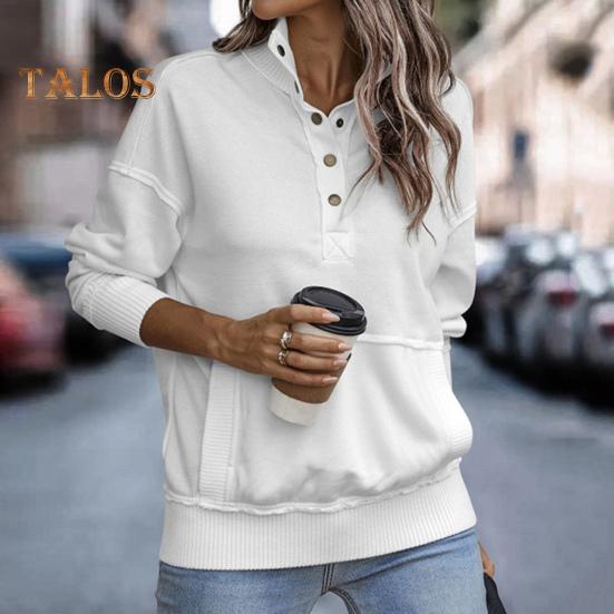 Fall Spring Women Sweatshirt Half-open Stand Collar Solid Color Loose Pullover with Big Pocket Elastic Cuffs OL Commuting Daily Top
