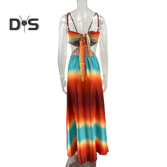 Sommer-Strandkleid, tief ausgeschnittenes, taillenbetontes, rückenfreies, ärmelloses, ausgehöhltes Urlaubs-Unterkleid, kontrastfarbenes A-Linien-Maxikleid