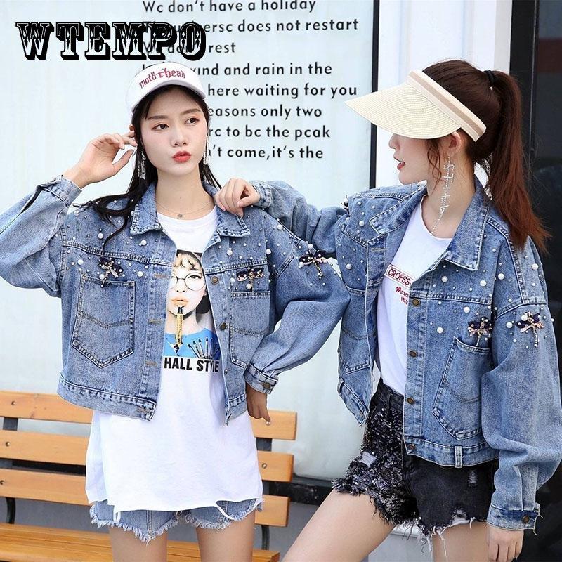 

Винтажная женская джинсовая куртка с жемчугом и бисером, осень 2019, джинсовые куртки с длинными рукавами и карманами, женские джинсовые куртки