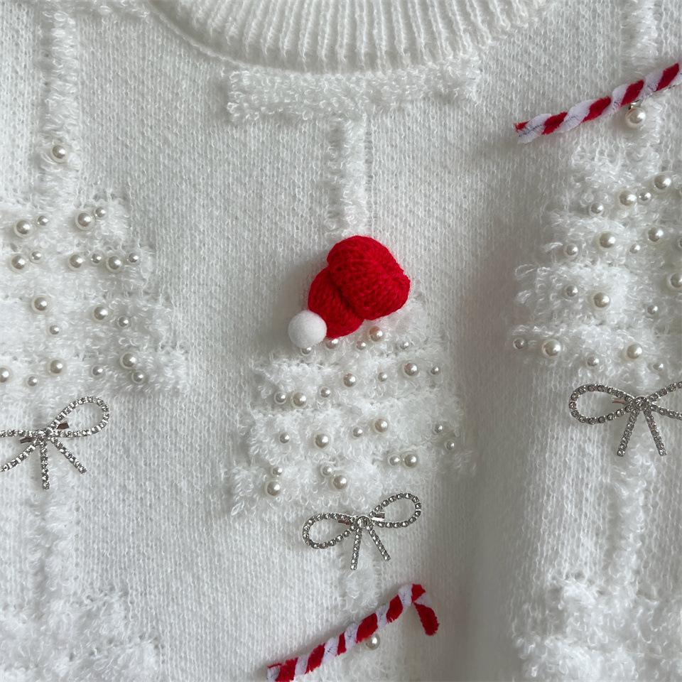 Handmade pearl Christmas theme sweater 3D decoration New Year holiday sweater pullover for women 3515 EMA