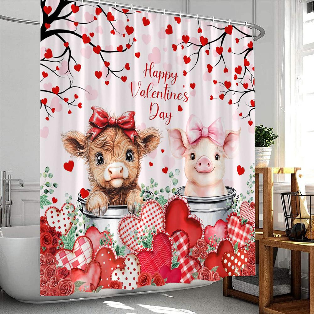 Valentine's Day Shower Curtains Cute Animals Highland Cattle Pig Flamingo Elf Heart Red Rose Bath Curtain Fabric Bathroom Decor
