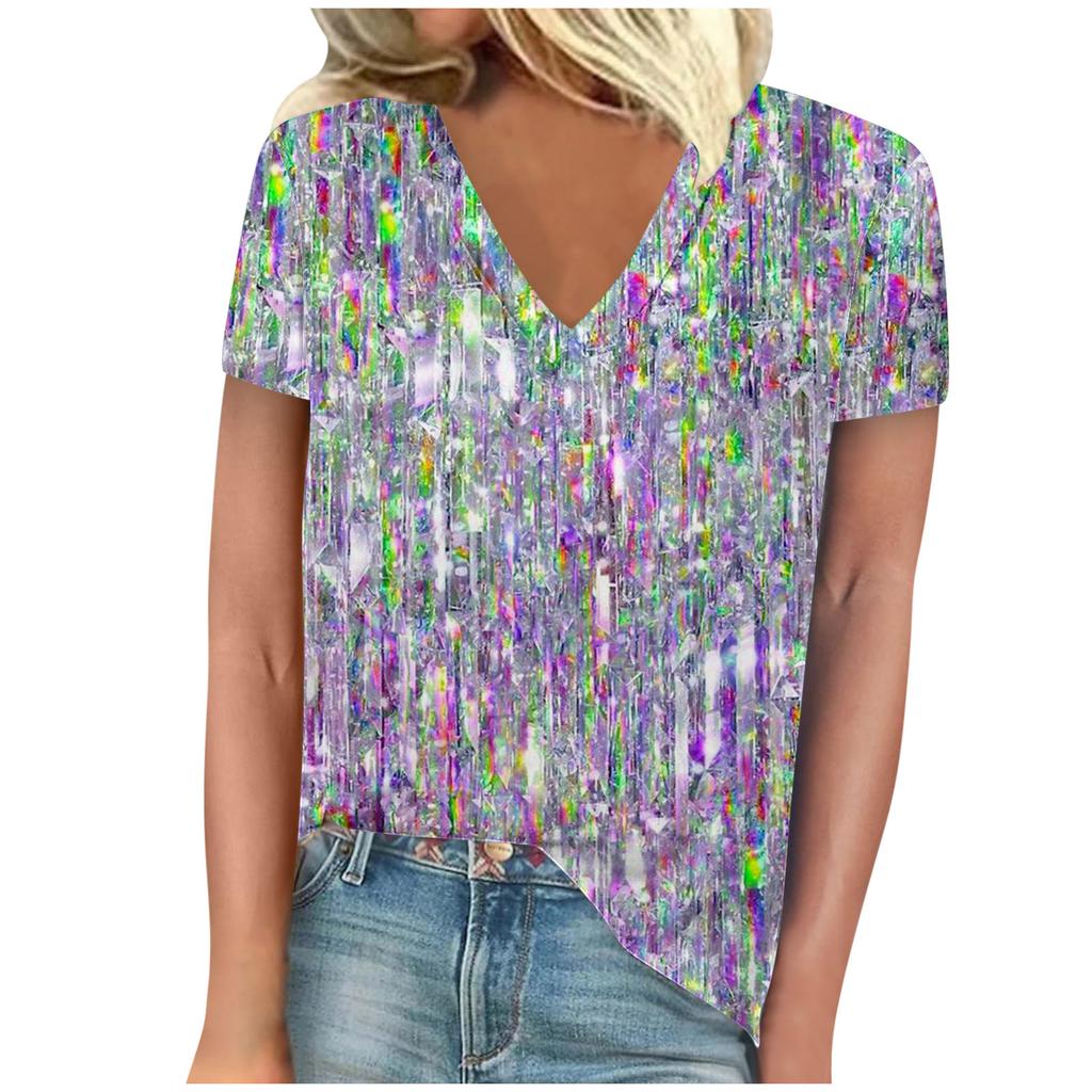 Summer V-neck 3D Stripe Printed Top Fashionable Casual Short Sleeved Women's T-shirts