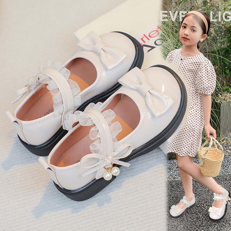 Girls leather shoes sweet bow princess shoes 2025 new children's black single shoes British style soft sole performance shoes