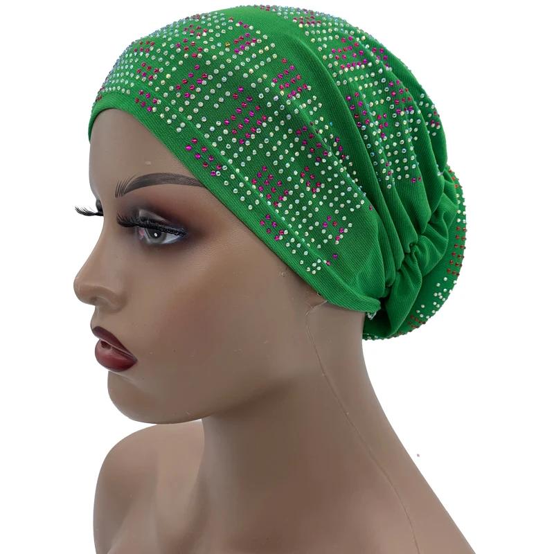 New Women Full Diamonds Donut Turban Cap Elastic Muslim Hijab Bonnet Hat Ladies Headband Turbans African India Caps
