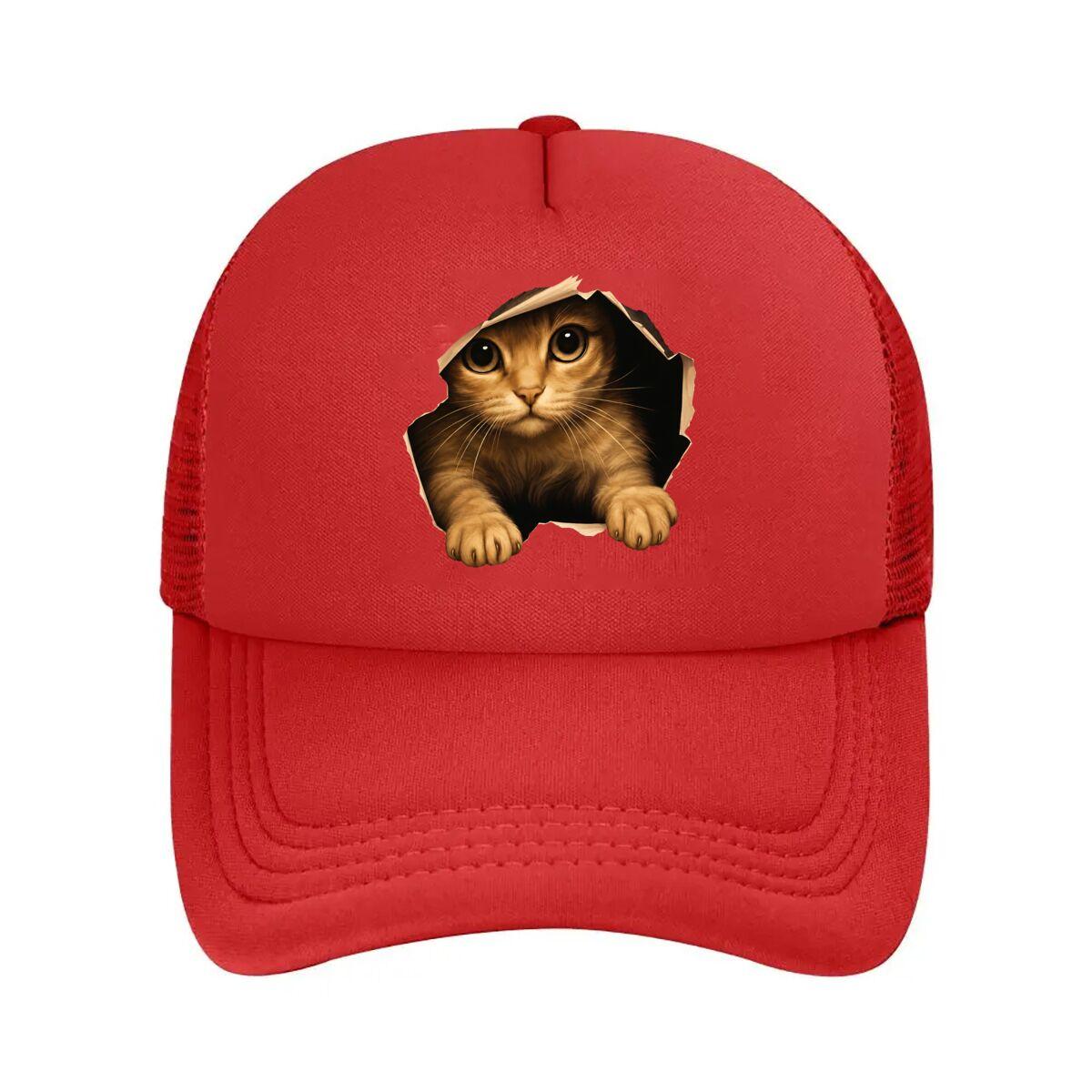 Orange Tabby Cat Peeking Through Torn Hole Graphic Mesh Baseball Cap Hip Hop Adjustable