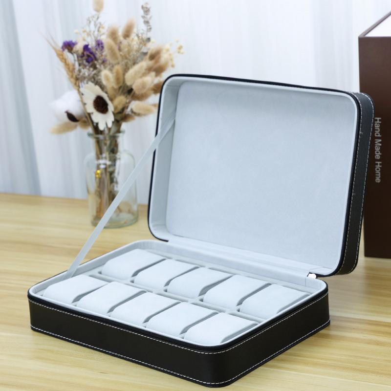 In-Stock Black Ostrich Pattern PU Leather Watch Storage Box with Dustproof Zipper Bag