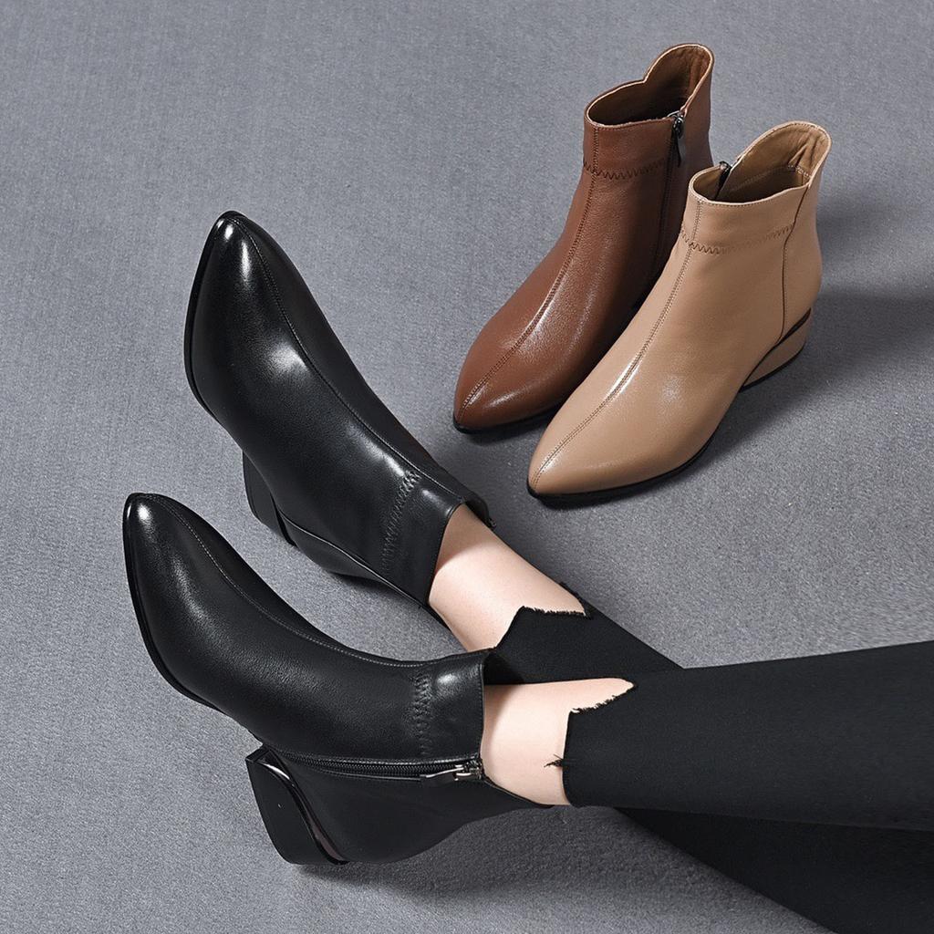 Fashion Women Solid Color Thick Sole Square Heels Zipper Short Booties Plush Pointed Toe Shoes Dress Boots for Women Low Heel