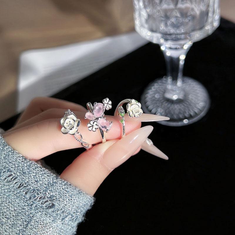 Japanese Cherry Blossom Pink Diamond Ring - Elegant & Trendy Butterfly Design for Women, Versatile Fashion Accessory