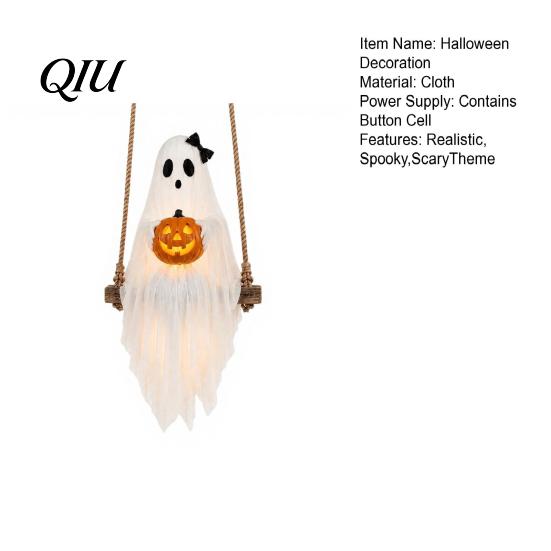 Halloween Gathering Decorations Lighted Ghost Swing with Glowing Pumpkin, Hanging Spooky Decor Durable Reusable Festival Props for Porch Yard,