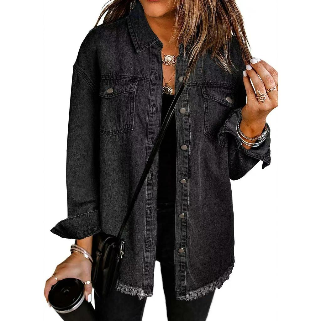 Washed Denim Shirt Jacket Women Autumn and Winter Personality Street Style Edging Hem Jacket Women