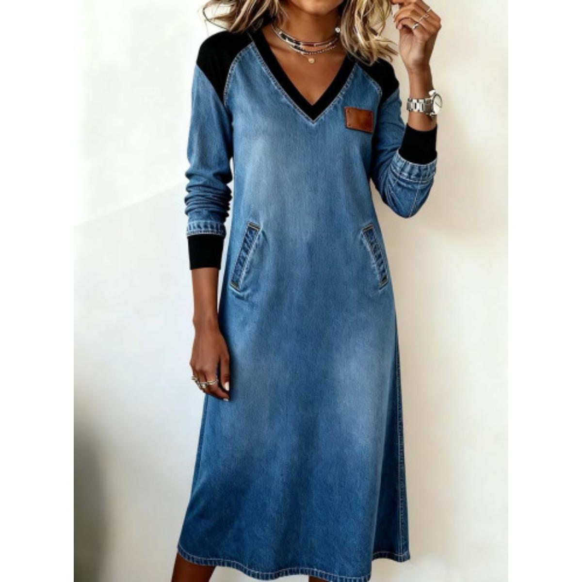 Women s V Neck Color Block Long Sleeve Denim Casual A Line Midi Dress with Pockets S