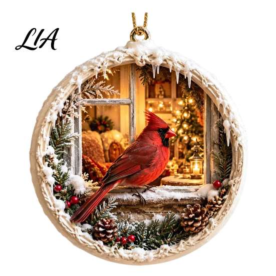 Winter Window Ornaments Acrylic Christmas Red Bird Ornament, Snow Scene Pattern Xmas Tree Lightweight Decor Hanging Decor, Retro Round Pendant
