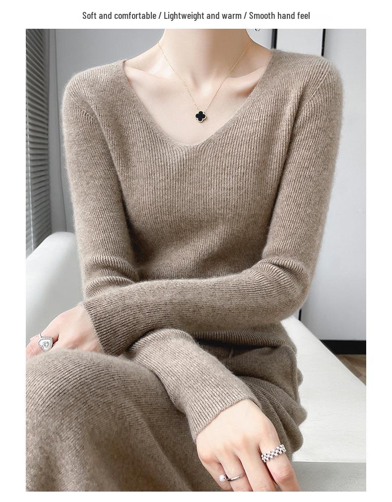 Women's 2023 Pure Wool Knit Sweater – Collar Base Layer, Solid Color, V-Neck Pullover for Autumn/Winter.