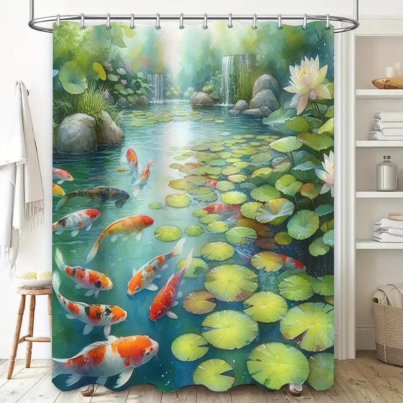 Vibrant Fishes Shower Curtain with Lotus Pond Scene Waterproof Fabric for Bathroom Decorations Multi-Colored Koi Carps Design Si