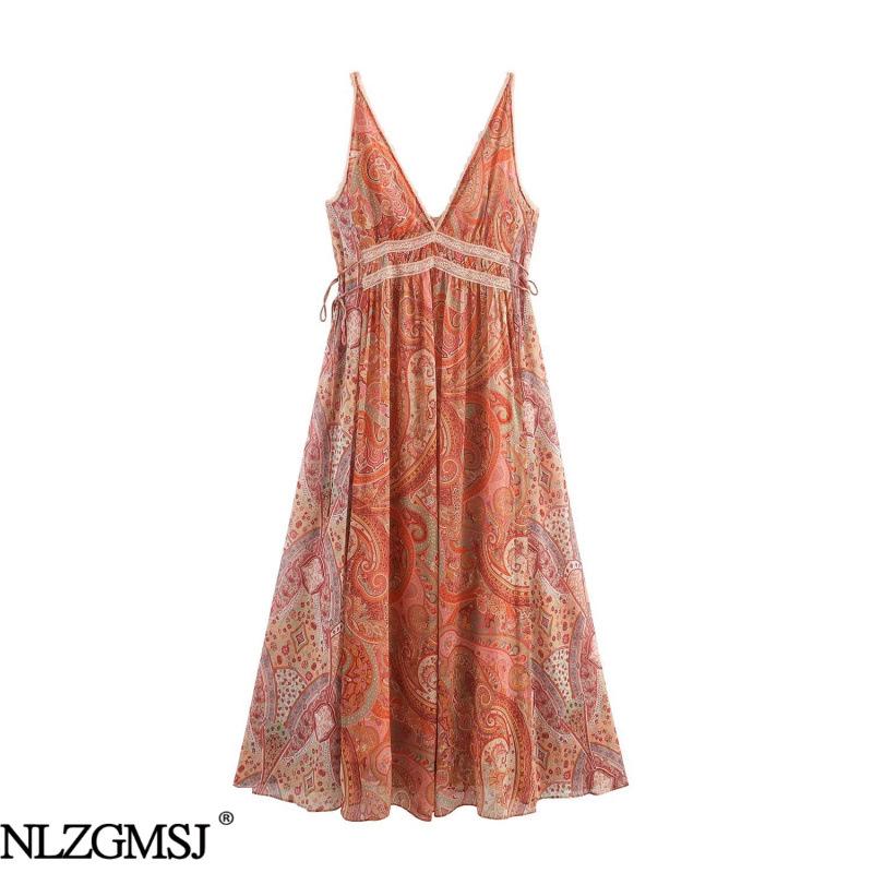 Spring 2026 European & American V-Neck Sleeveless Paisley Lace Flowy Dress Large