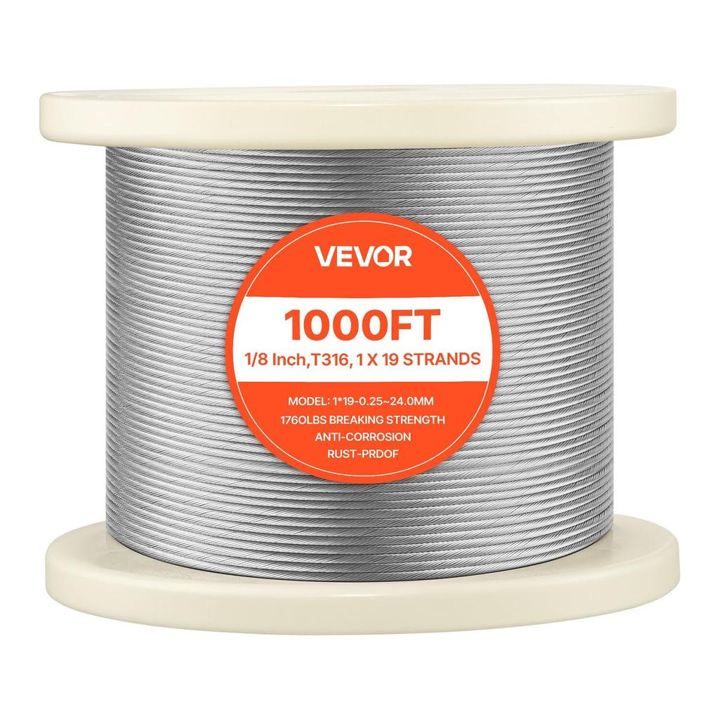 3.2 mm Wire Rope, 304.8 m Length, 316 Stainless Steel Wire Cable with Cutter, 798 kg Breaking Strength, 1 x 19 Strands Construction, Steel Cable for
