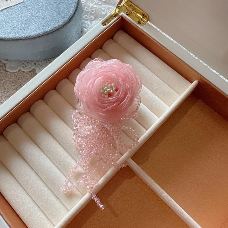 Netting and Crystal Fringe, Rose Flower Side Hairpin, Soft and Fairy-like Style, Women's Hair Accessories, Claw Clip, Hairpin
