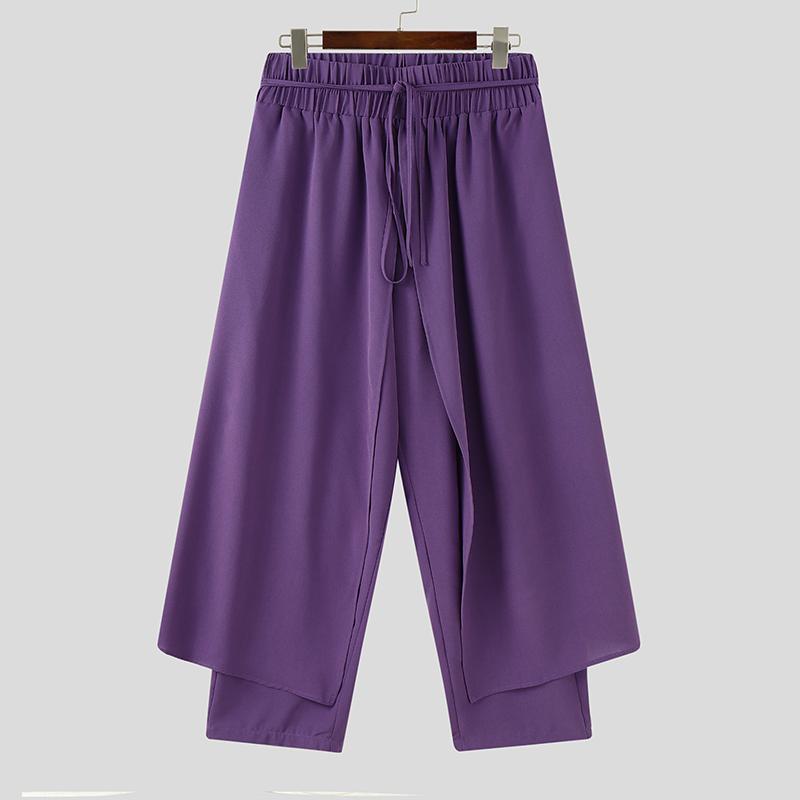 INCERUN Men Elastic Waist Layers Solid Color Casual Loose Long Trousers Pants