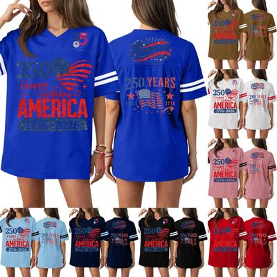 Women's Casual Fashion V-Neck Sports Independence Day Print Short Sleeve Sports T-Shirt Top