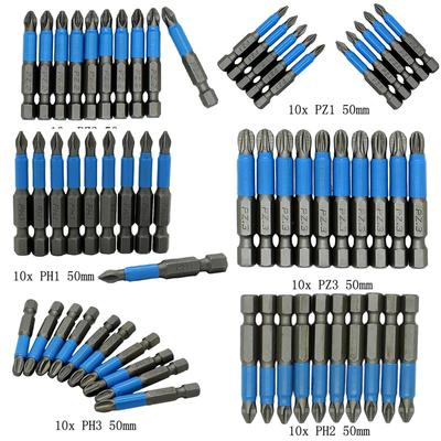 Embouts de tournevis magnétiques à tête unique PH1/PH2/PH3/PZ1/PZ2/PZ3 en acier allié, 10 pièces