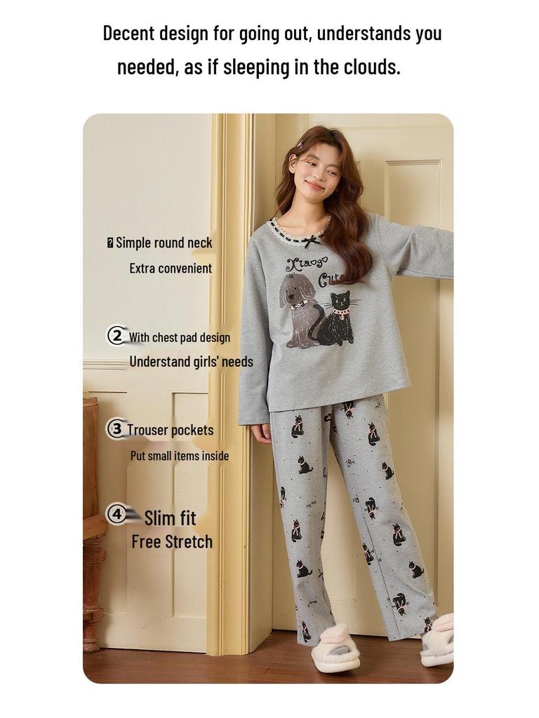 Women's Cute Cartoon Cotton Pajama Set with Chest Pad – Long Sleeve & Pants for Spring/Autumn