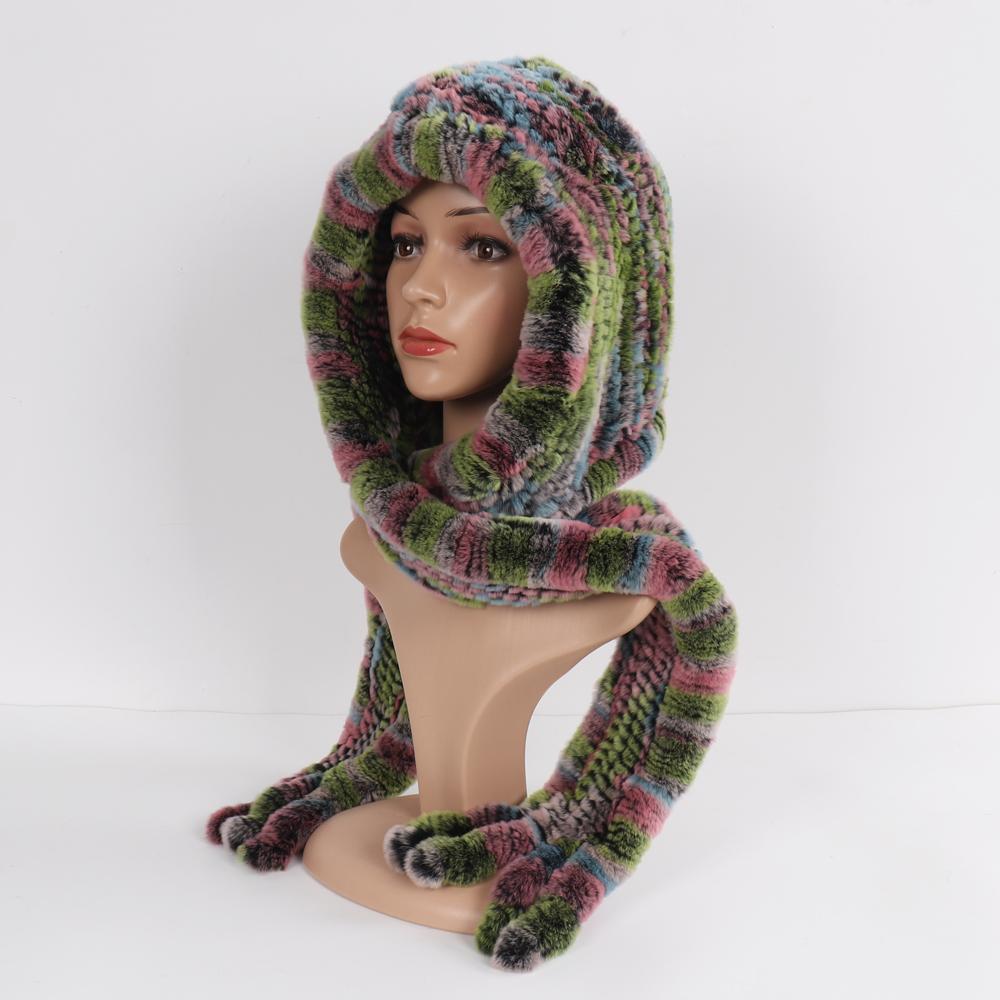 Winter Women Knitted Real Rex Rabbit Fur Hat Scarf Natural Soft Rex Rabbit Fur Hat Lady Warm Genuine Rabbit Fur Cap Scarves