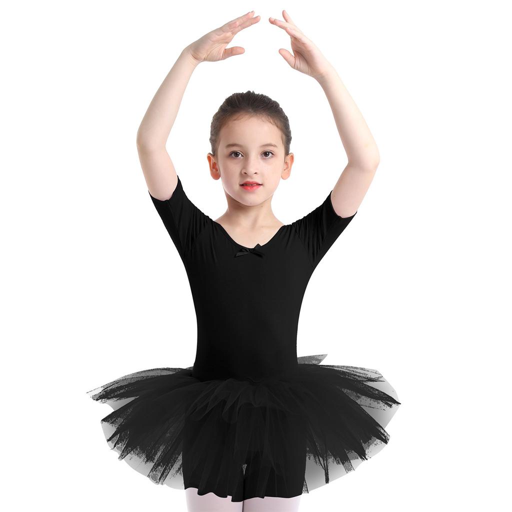 Małe duże dziewczynki z krótkim rękawem Tutu tiulowa baletowa gimnastyka trykotowa sukienka Dancewear
