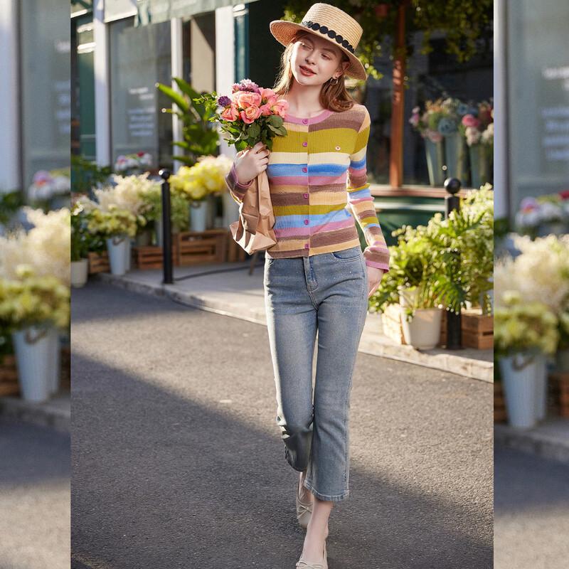 Damen-Strickjacke im koreanischen Stil, gestreift, Wollmischung